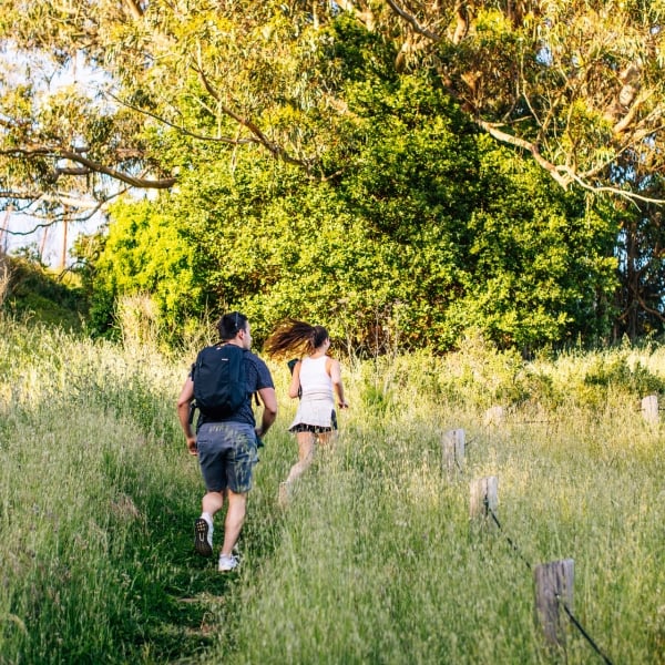 couple running up stairs outdoors