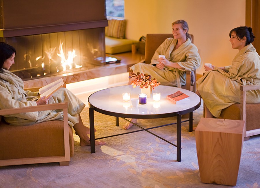Group relaxing by fire spa