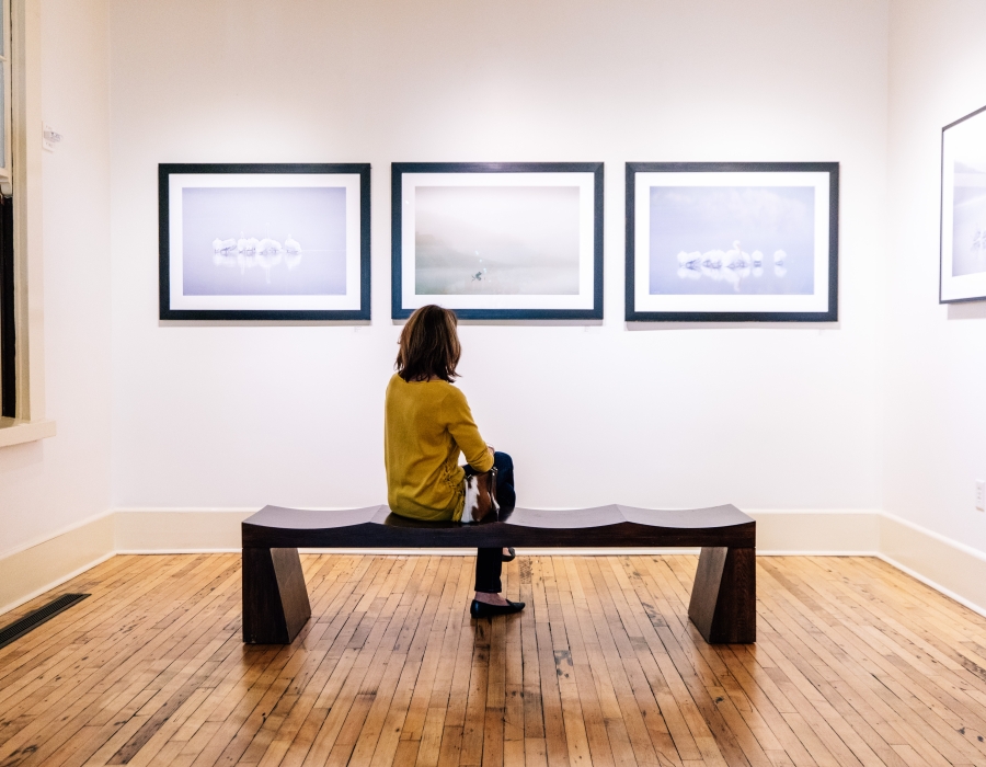 Woman sitting looking at art