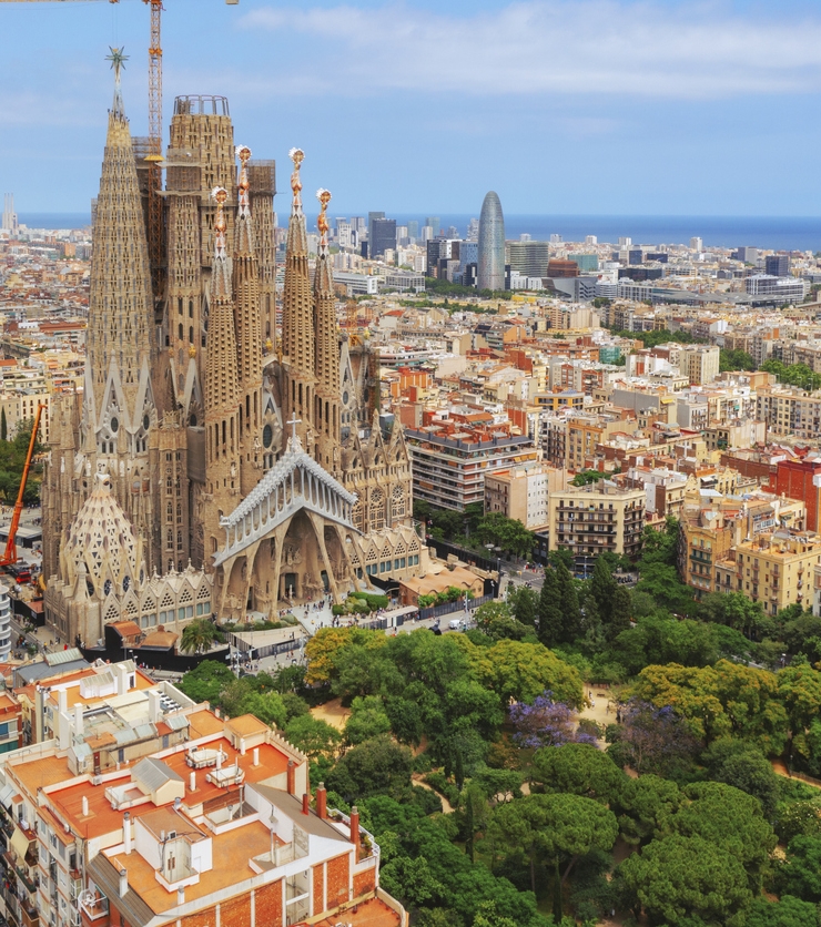 Aerial View of La Sagrada Familia Cathedral in Eixample district of Barcelona Spain