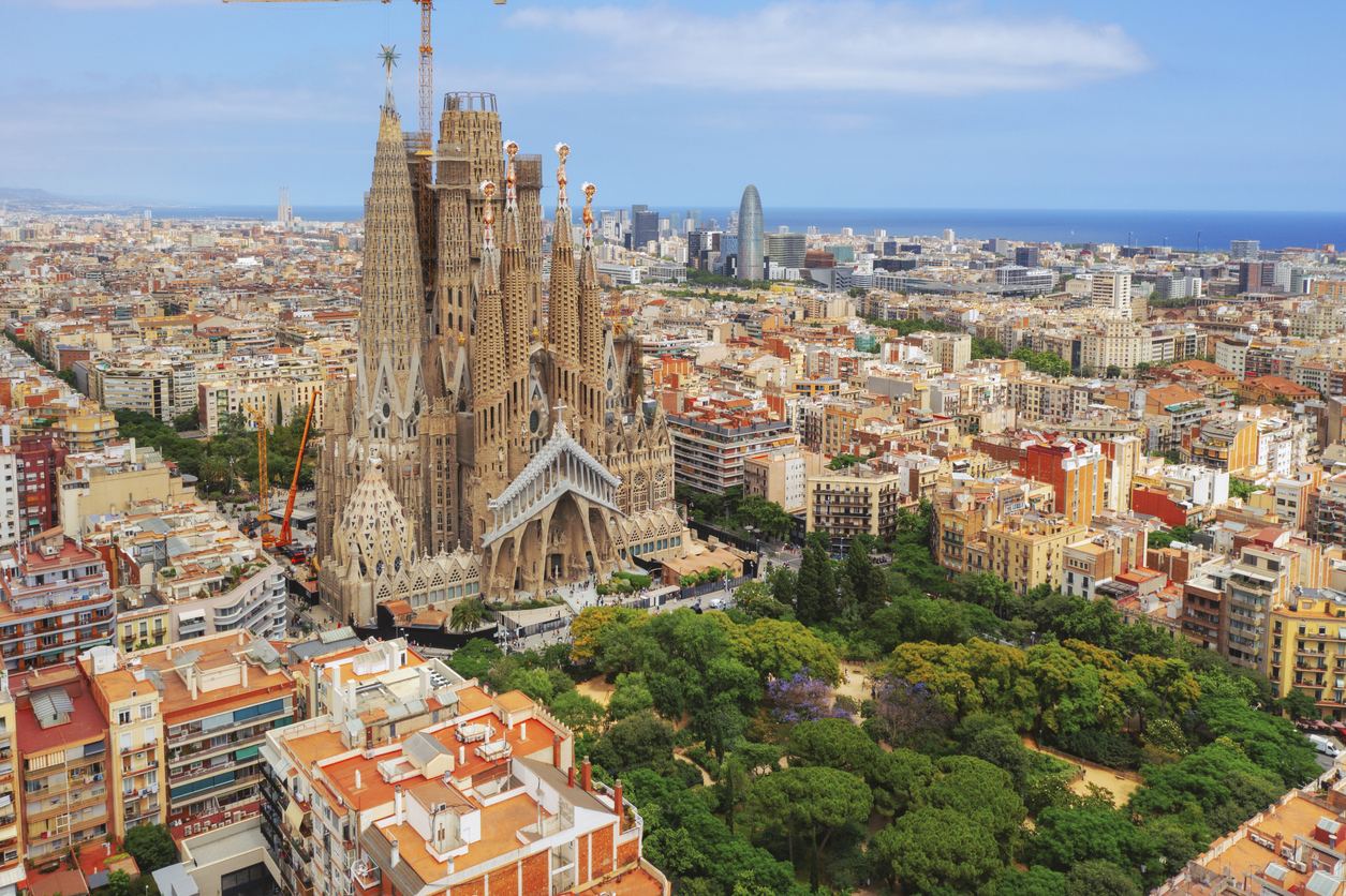 Aerial View of La Sagrada Familia Cathedral in Eixample district of Barcelona Spain