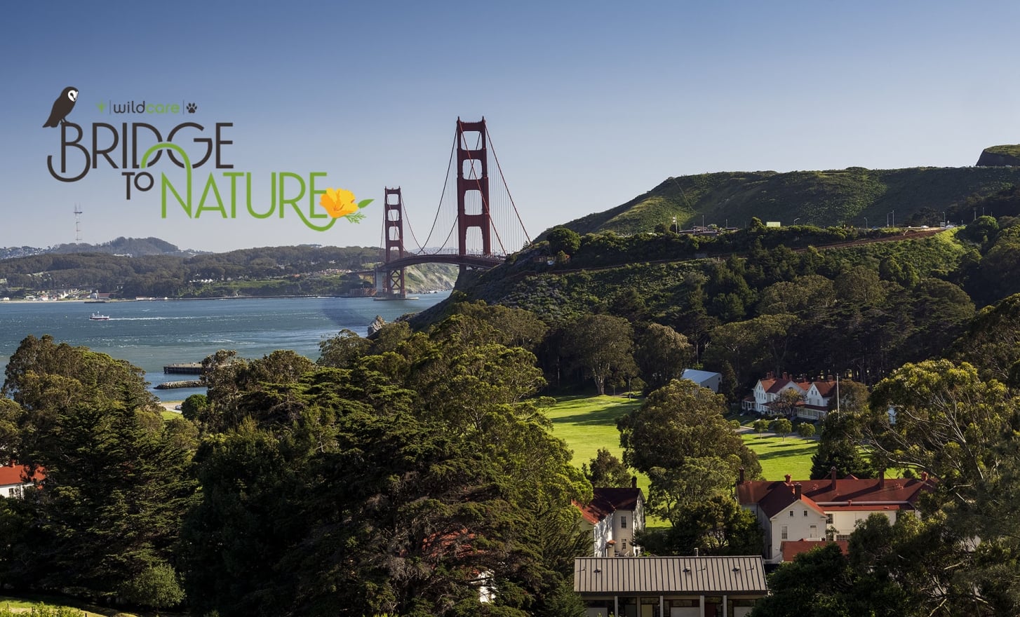 Cavallo Point Resort grounds nestled alongside the water with a view of the Golden Gate Bridge